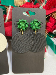 Green Christmas Bow with a Black Saffiano Leather Circle Earrings