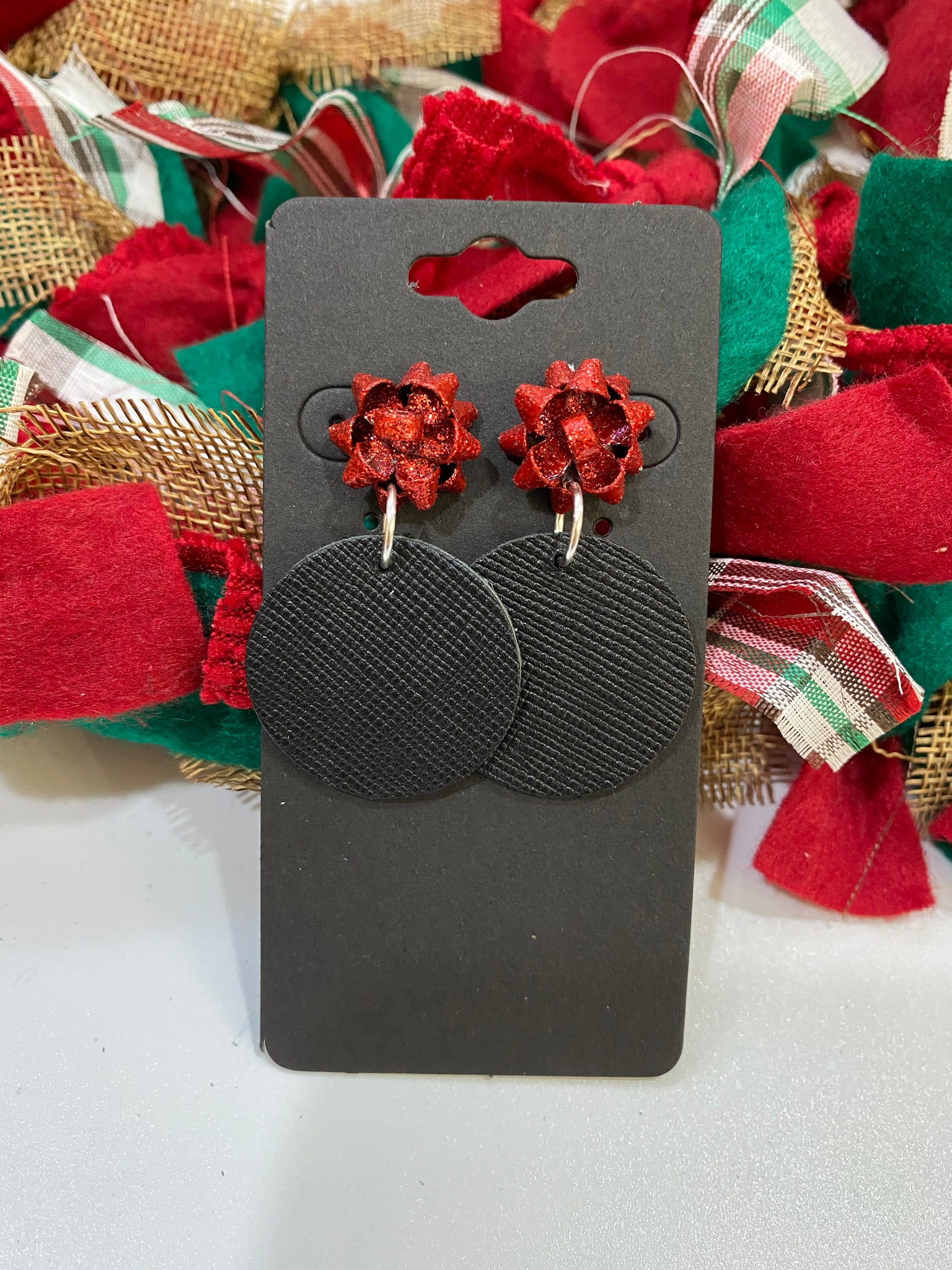 Red Christmas Bow with a Black Saffiano Leather Circle Earrings