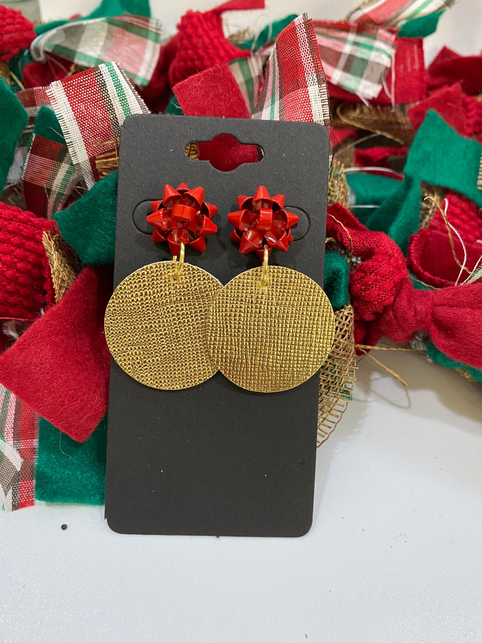 Red Christmas Bow with a Gold Metallic Saffiano Leather Circle Earrings