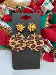 Gold Christmas Bow with a Leopard Print Cork Circle Earrings