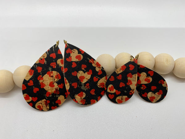 Black Cork with Natural and Red Hearts on Leather Earrings
