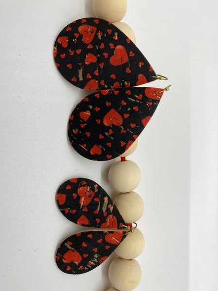 Black Cork with Red Hearts on Leather Earrings