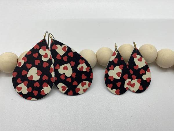 Black Smooth Leather with Red and Cream Hearts Earrings