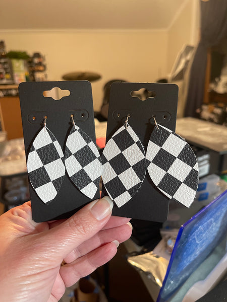 Checkered Flag Racing Print Leather Earrings