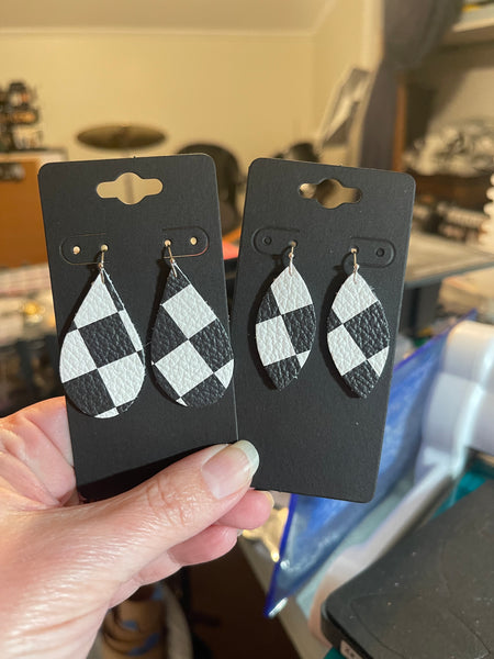 Checkered Flag Racing Print Leather Earrings