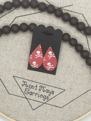 Red Skull and Crossbones Print Leather Earrings