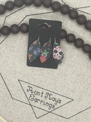 Day of the Dead Skull Print Leather Earrings