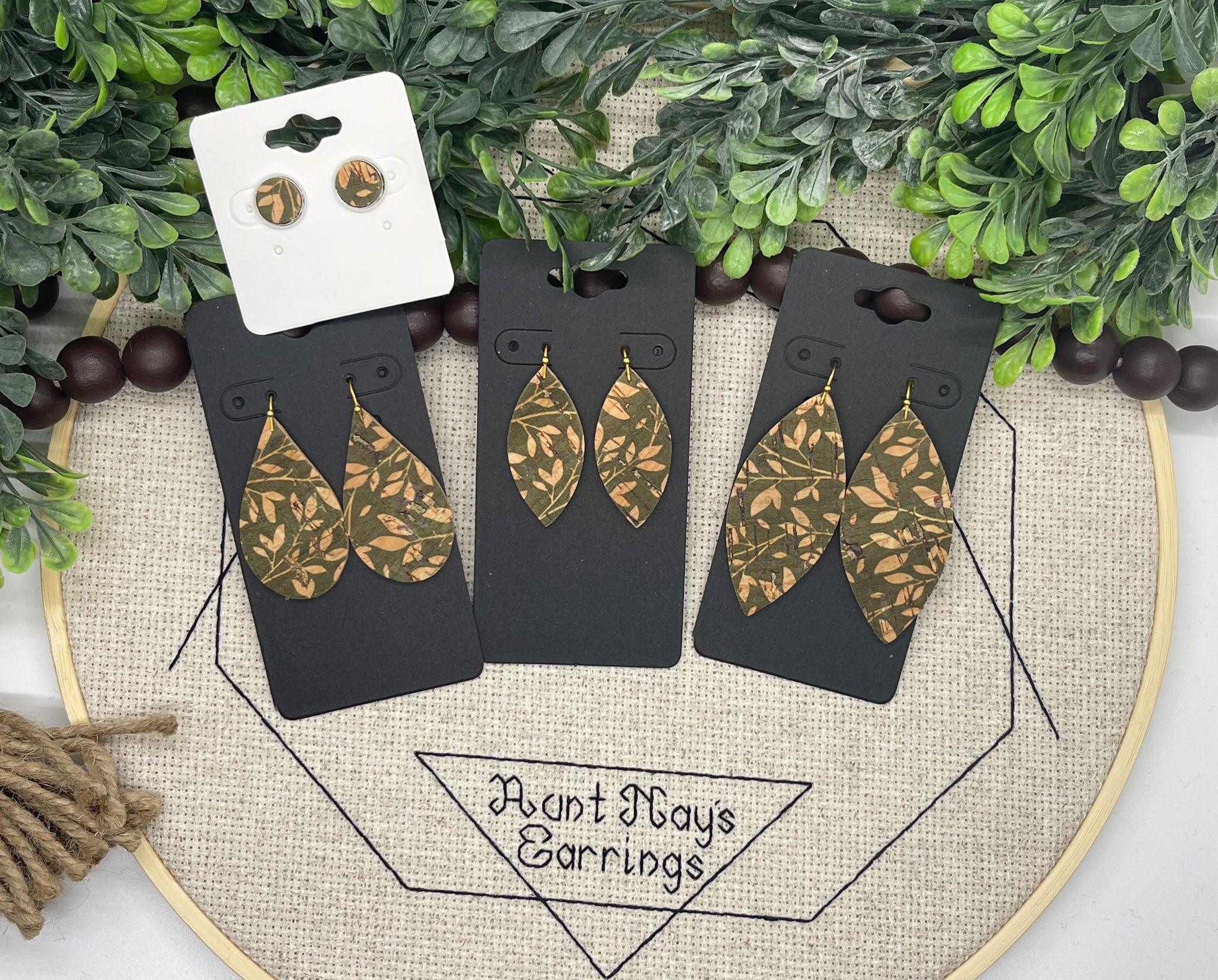 Olive Green Cork with a Tan Leaf Print on Leather Earrings