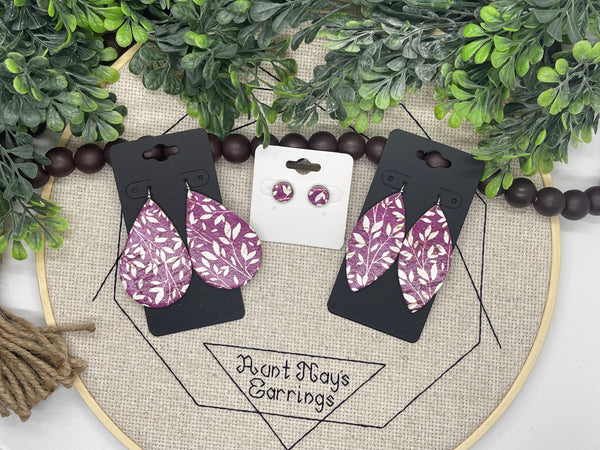 Magenta Pink or Orchid Purple Cork with a White Leaf Print on Leather Earrings