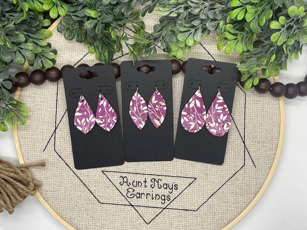 Magenta Pink or Orchid Purple Cork with a White Leaf Print on Leather Earrings