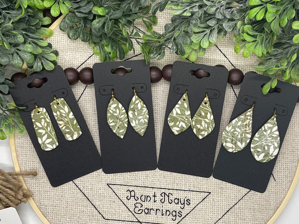 Olive Green Cork with a White Leaf Print on Leather Earrings