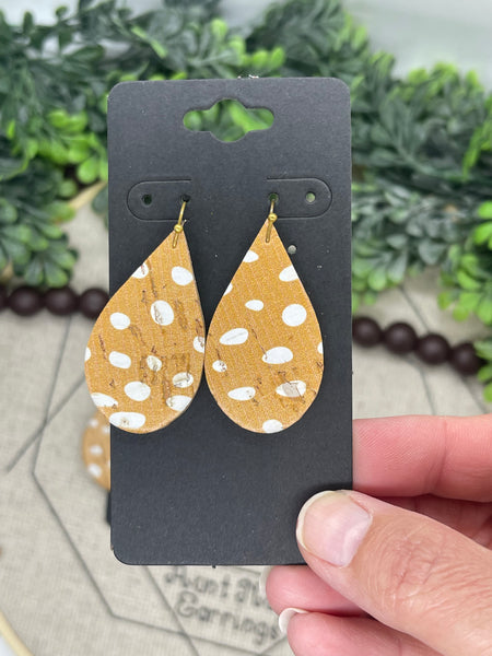 Golden Mustard Yellow Cork with a White Dob Print on Leather Earrings