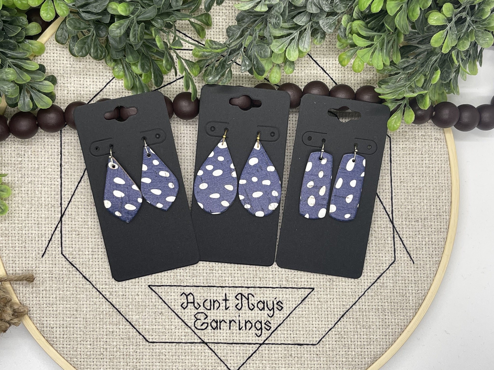 Dark Blue Cork with a White Dob Print on Leather Earrings