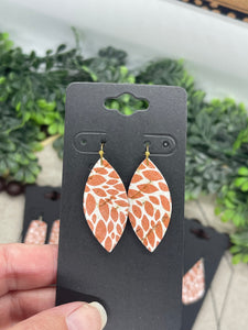 White Cork with a Rust Orange Leaf Print on Leather Earrings