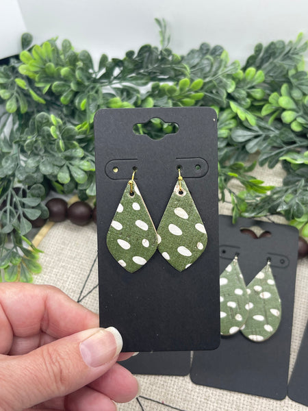 Olive Green Cork with a White Dob Print on Leather Earrings