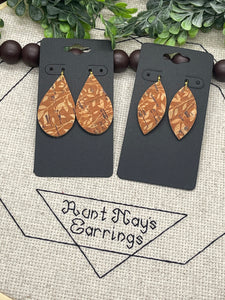 Rust Orange Cork with a Tan Leaf Print on Leather Earrings