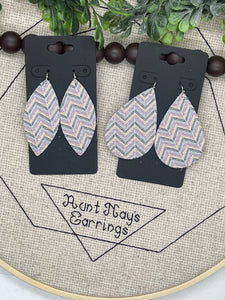 White Leather with Purple Black Gray and Gold Zig Zag Stripes Earrings