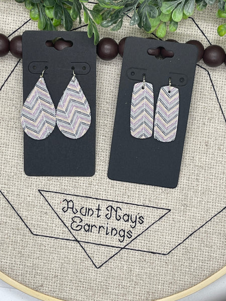 White Leather with Purple Black Gray and Gold Zig Zag Stripes Earrings