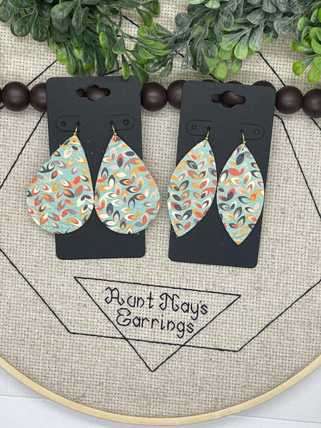 Turquoise Leather with a Vintage Leaf Print in Orange White and Gray Earrings