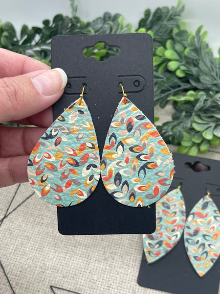 Turquoise Leather with a Vintage Leaf Print in Orange White and Gray Earrings