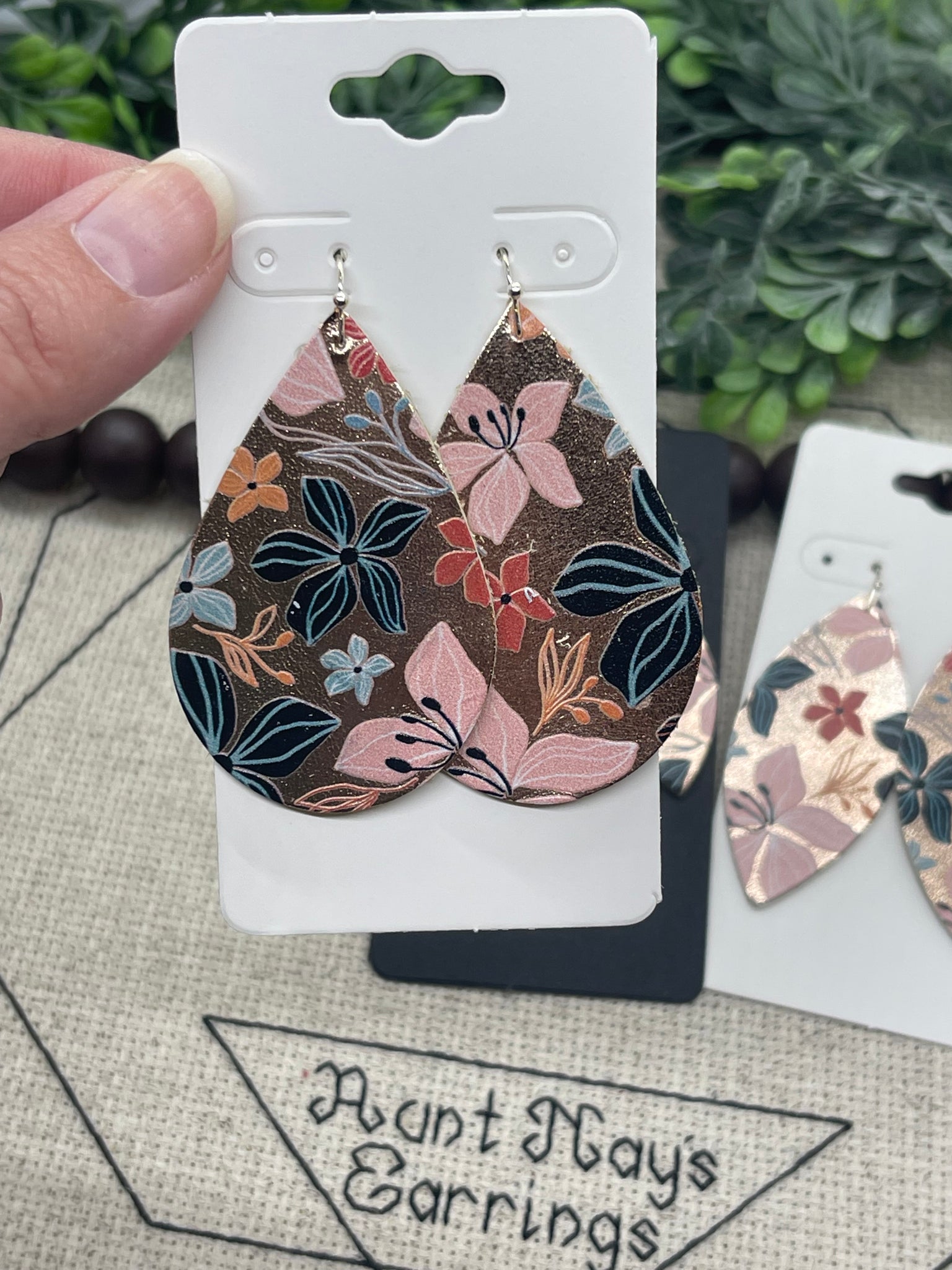 Rose Gold Metallic Leather with a Big Navy and Pink Floral Print Earrings
