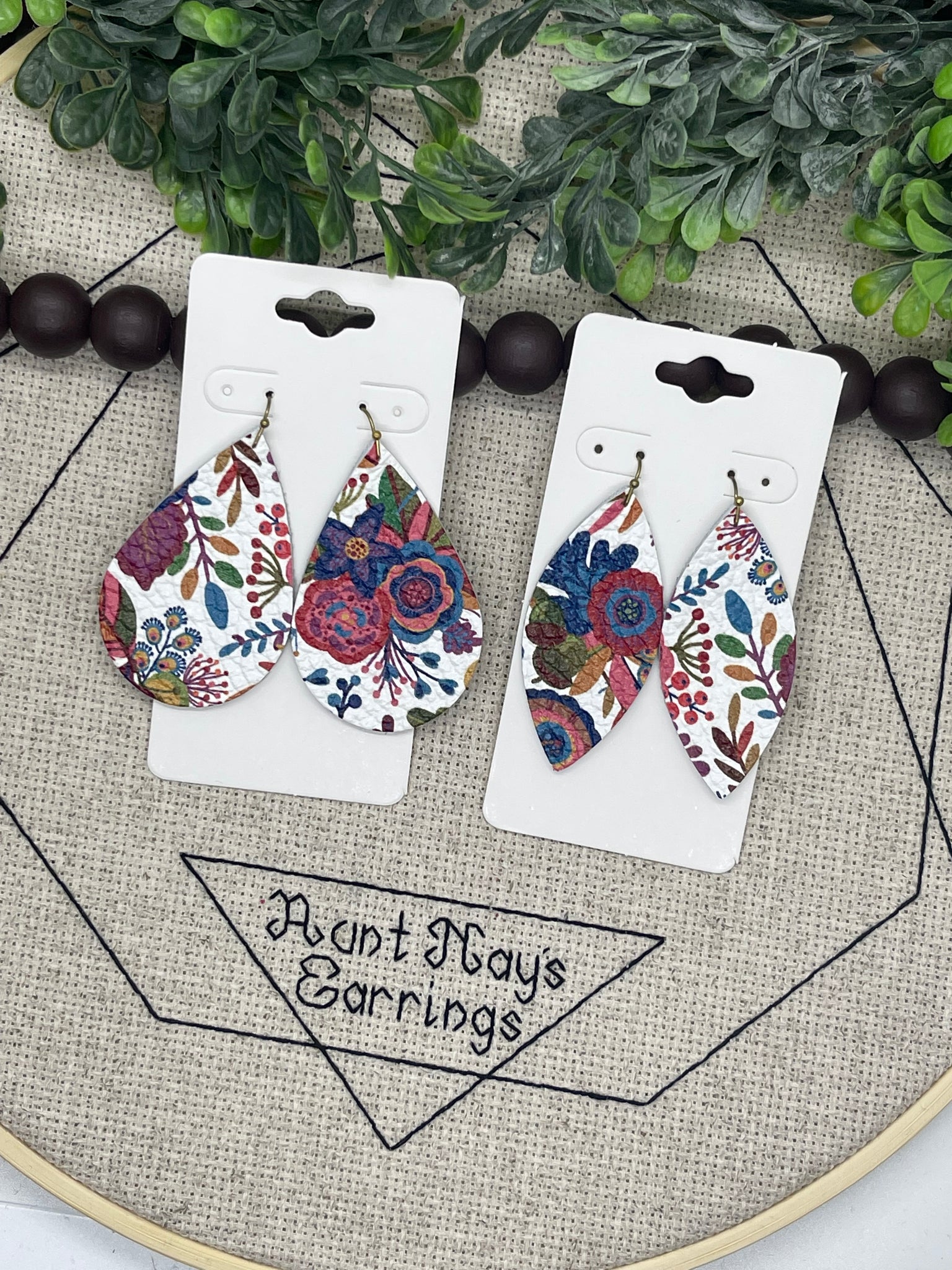 White Leather with a Big Bold Multi-colored Floral Print Earrings