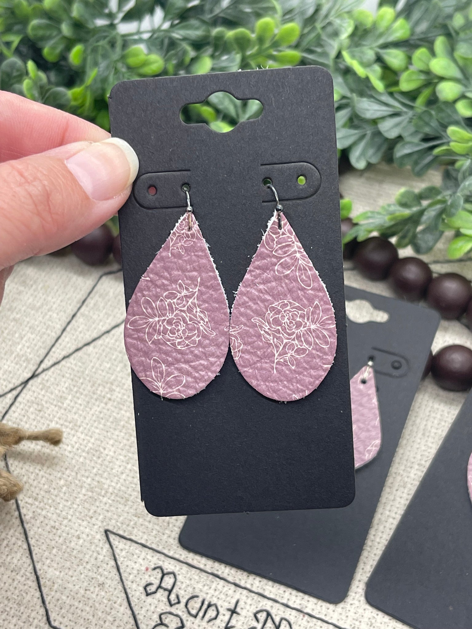 Dark Lavender Leather with a Cream Line Drawn Flower Print Earrings