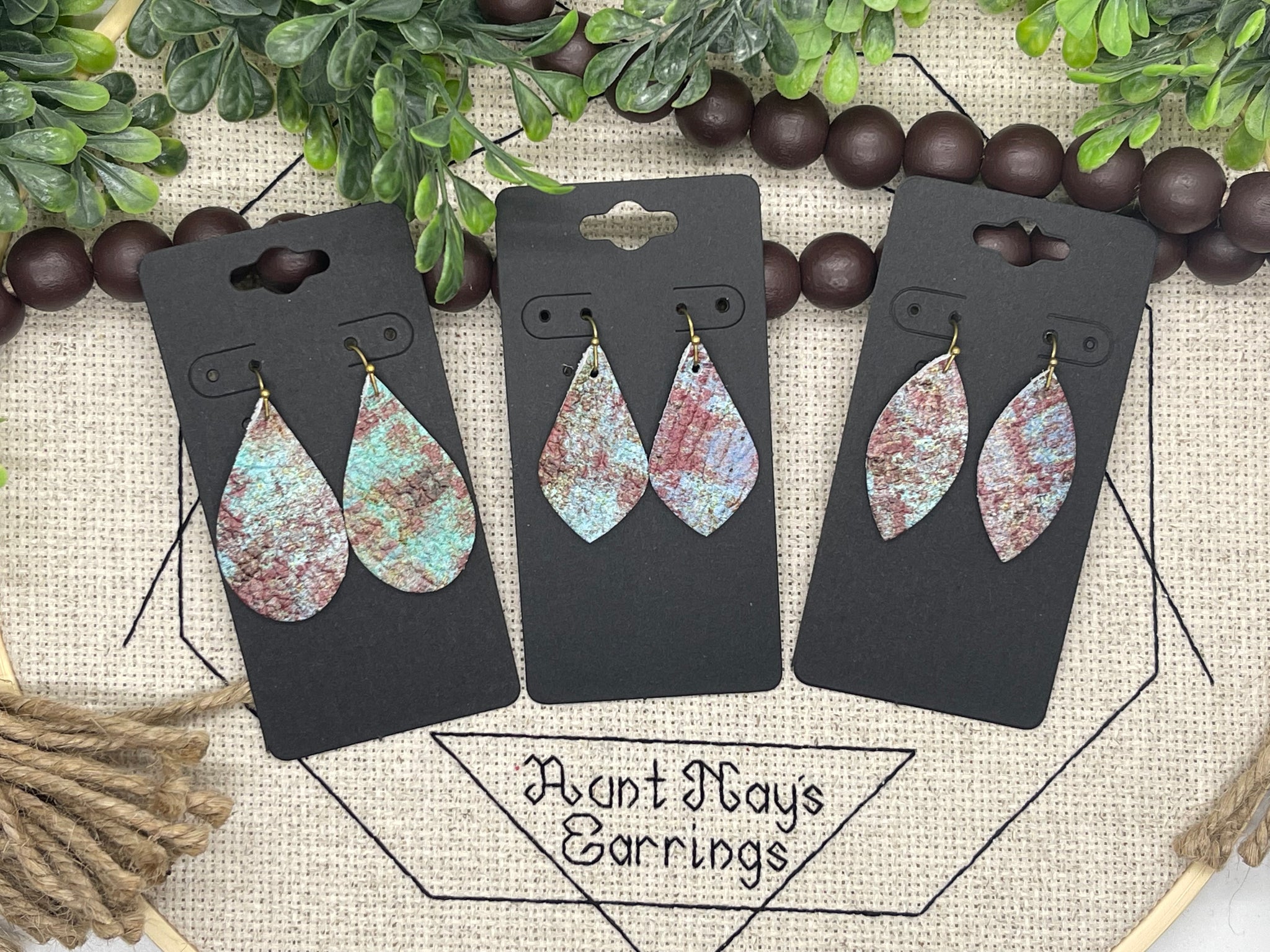 Distressed Turquoise Leather with Brown and Maroon Brushed Look Earrings