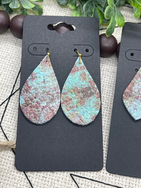 Distressed Turquoise Leather with Brown and Maroon Brushed Look Earrings