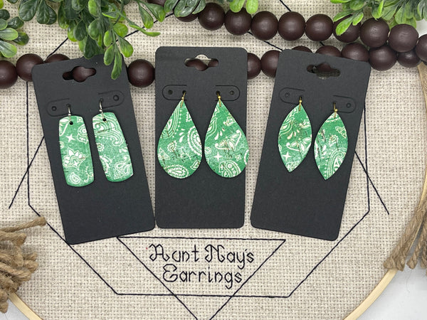 Green and White Bandana Print Cork on Leather Earrings