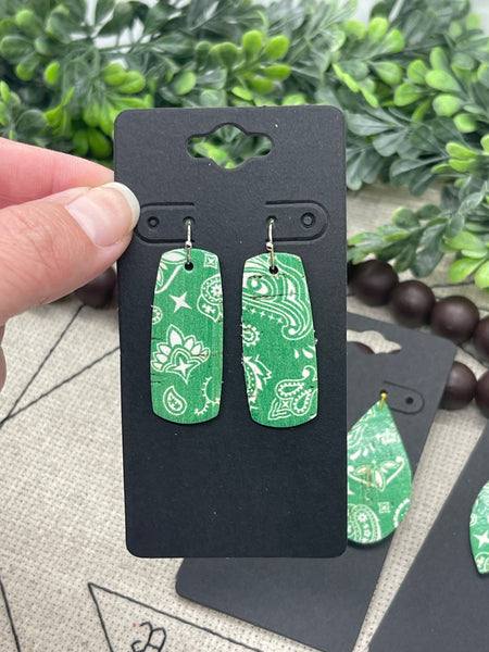 Green and White Bandana Print Cork on Leather Earrings