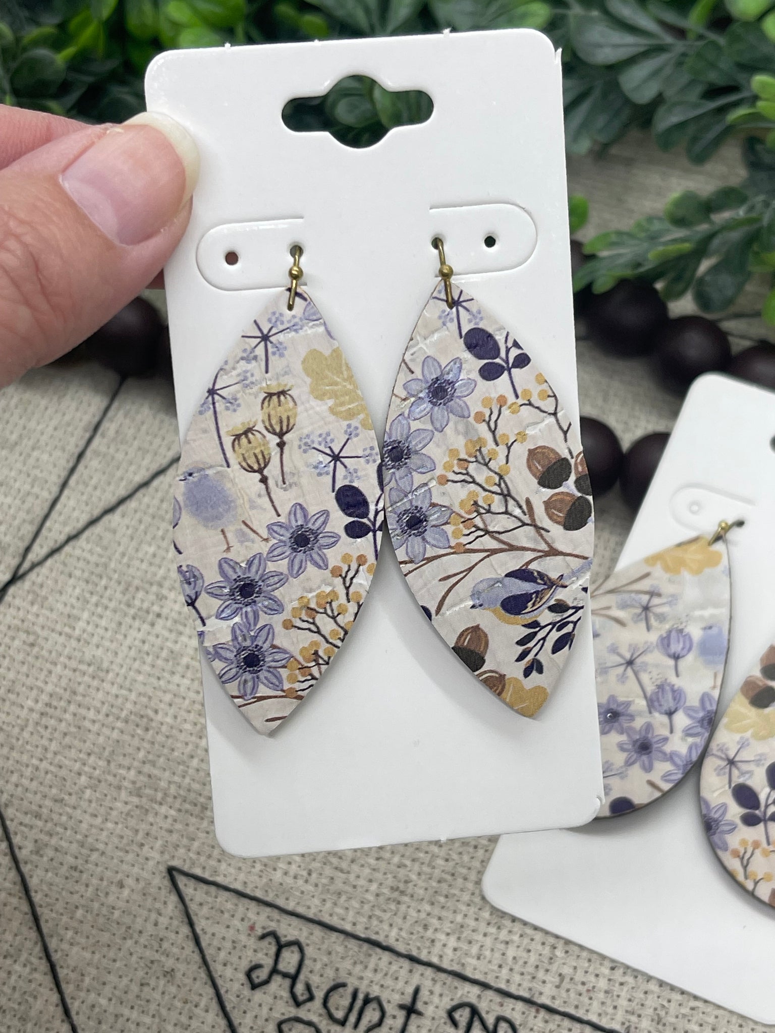 Cream Leather with Lavender and Brown Flower and Acorn Print Earrings
