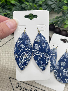 Blue and White Bandana Print Cork on Leather Earrings