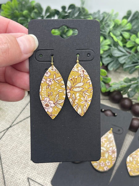 Golden Yellow Cork with a White and Pink Floral Print on Leather Earrings