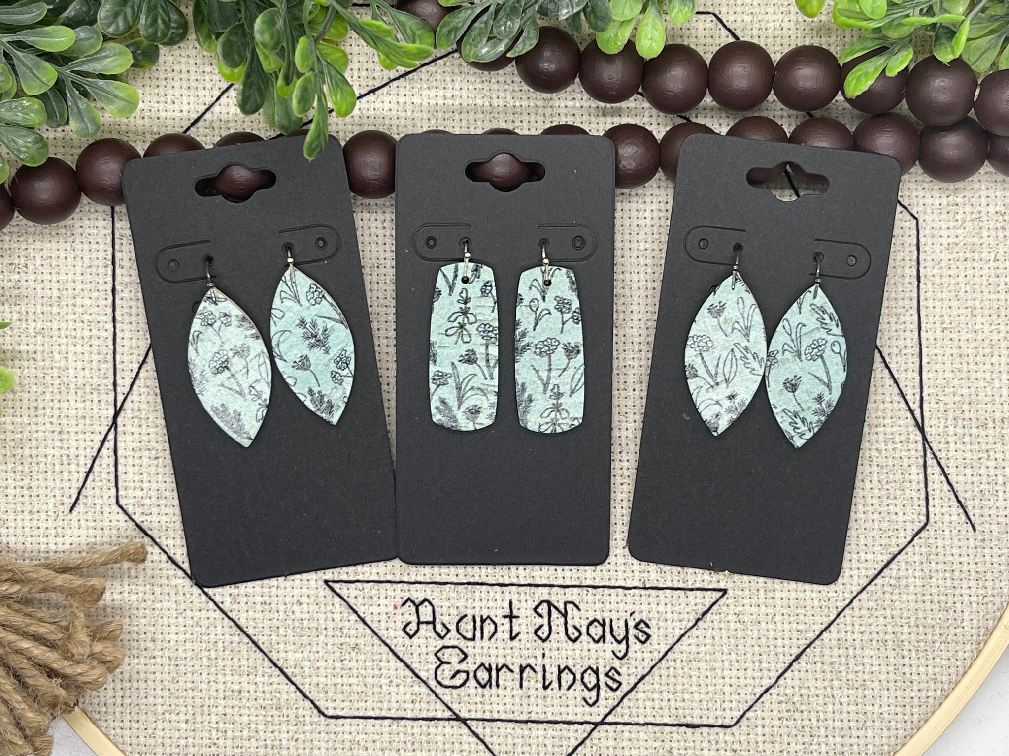 Turquoise Cork with Black Line Drawn Flower Print on Leather Earrings