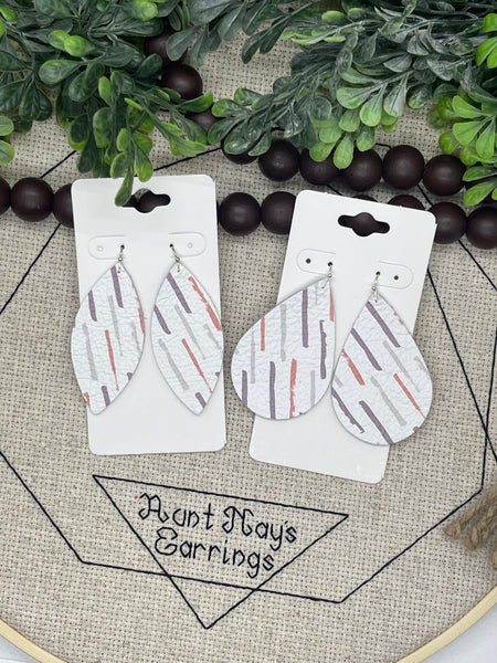White Leather with Taupe Gray and Dark Coral Rain Stripes Earrings
