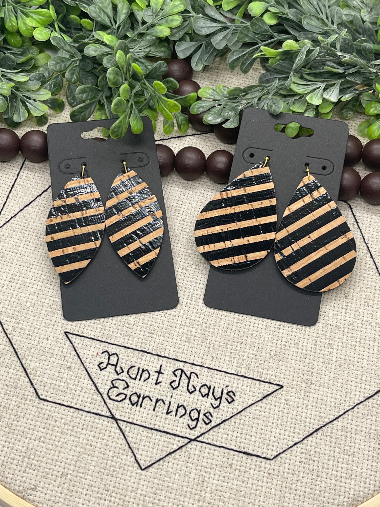Tan Cork with Black Patent Leather Stripes Earrings