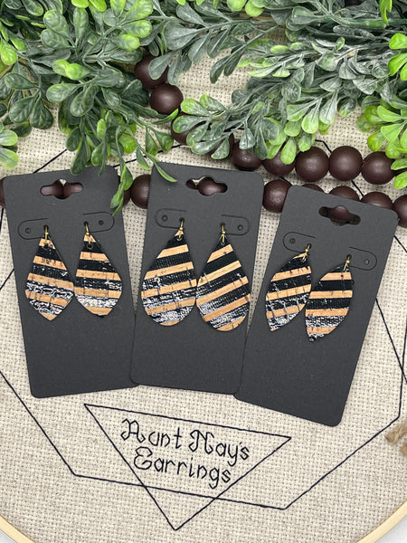 Tan Cork with Black Patent Leather Stripes Earrings