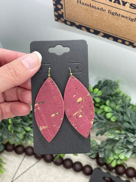 Dark Pink Cork with Metallic Accents on Leather Earrings