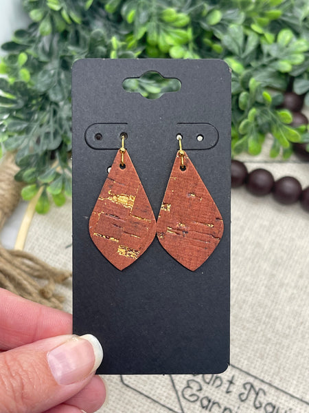 Rust Dark Orange Cork with Metallic Accents on Leather Earrings