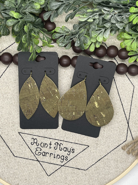 Olive Green Cork with Metallic Accents on Leather Earrings
