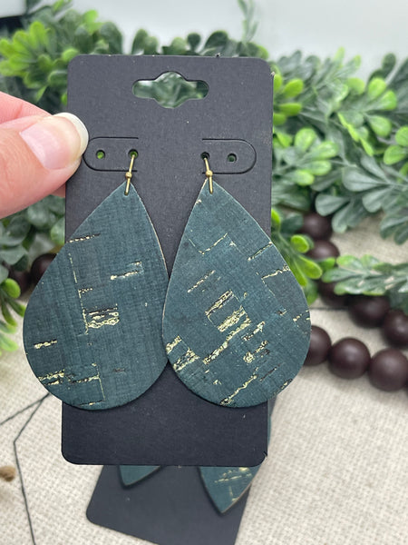 Dark Peacock Blue Cork with Metallic Accents on Leather Earrings