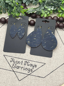 Navy Blue Cork with Metallic Accents on Leather Earrings