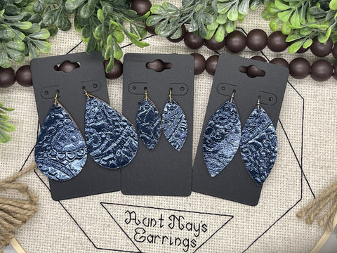 Metallic Navy Blue Embossed Leather Earrings