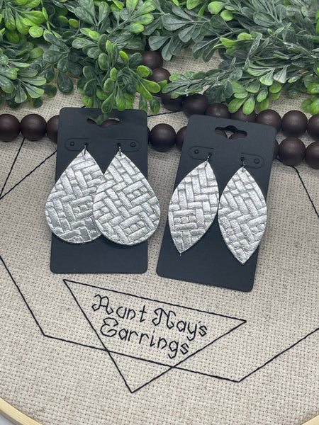 Silver Metallic Basketweave Leather Earrings
