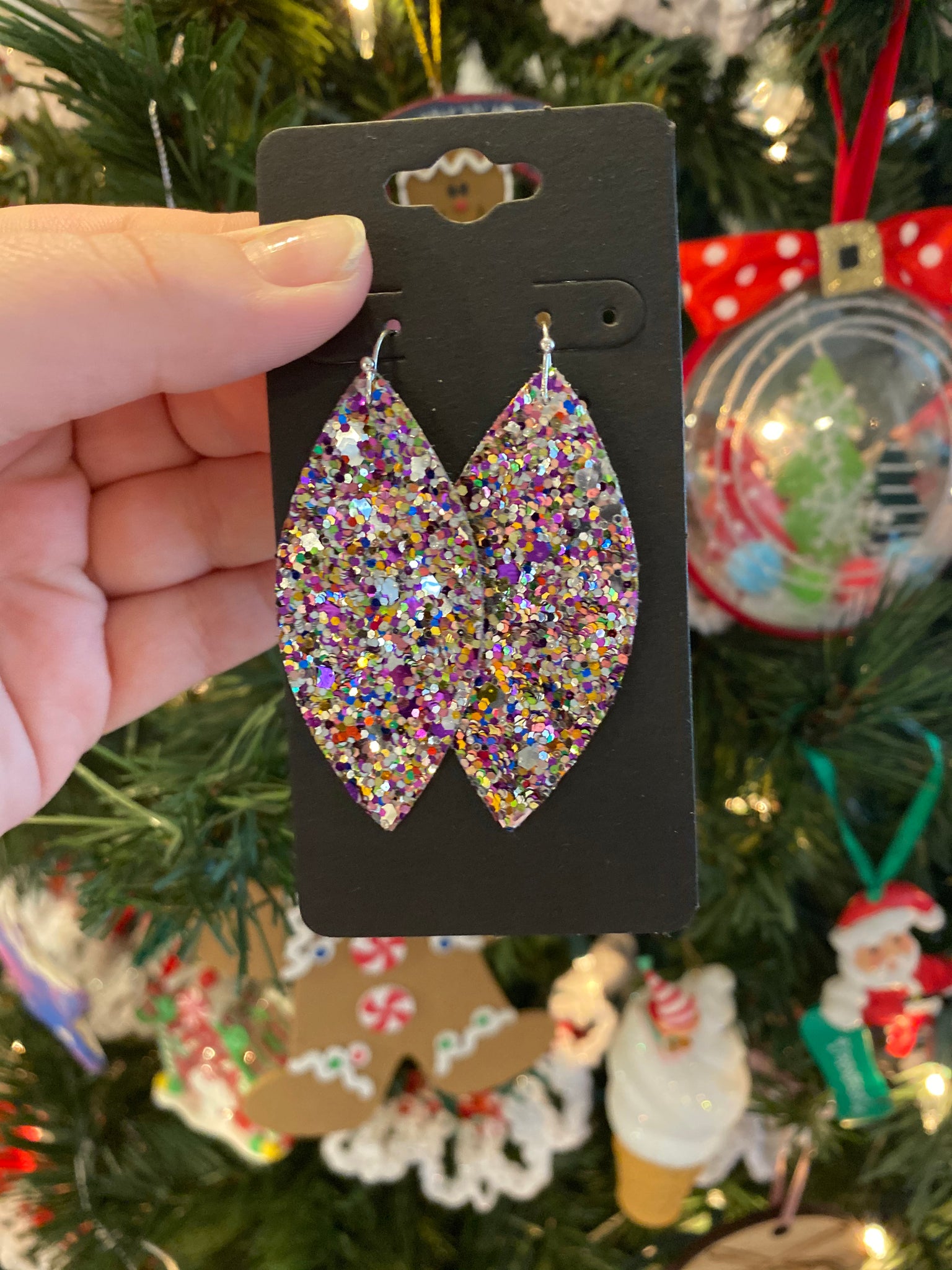 Silver and Purple Glitter Leather Earrings