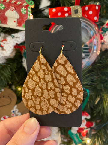Cognac and Metallic Rose Gold Leopard Print Leather Earrings