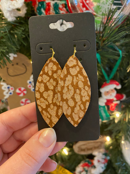 Cognac and Metallic Rose Gold Leopard Print Leather Earrings