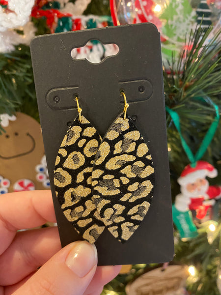 Black and Metallic Gold Leopard Print Leather Earrings