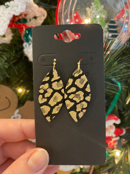 Black and Metallic Gold Leopard Print Leather Earrings